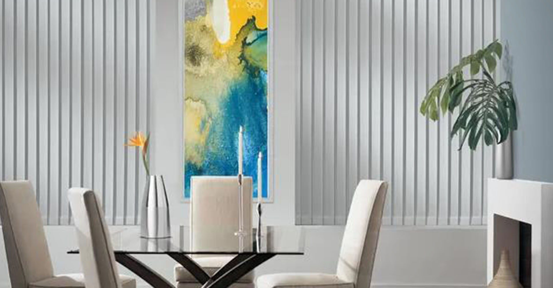 dining room with vertical blinds